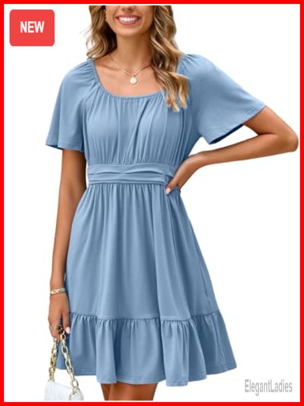 Women's Summer Mini Dress Square Neck Short Sleeve Shirred A-Line with Pockets